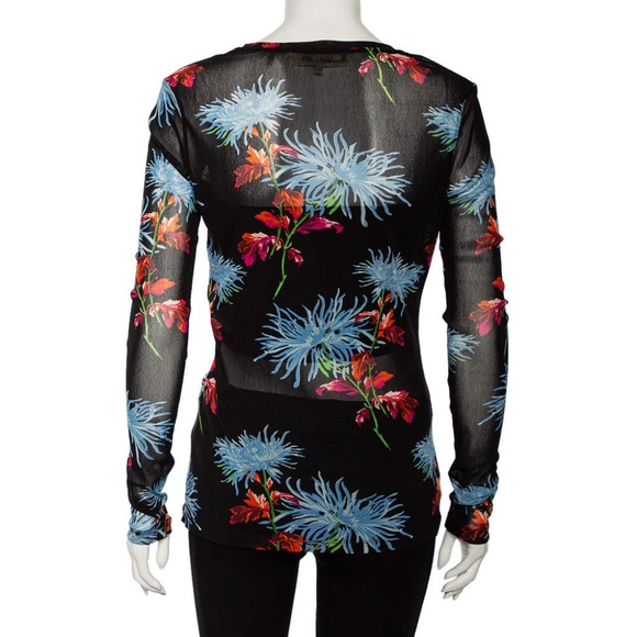 NWT Diane Von Furstenberg Hewes Black Floral Printed Mesh Stretch Mesh Top M - Picture 3 of 4